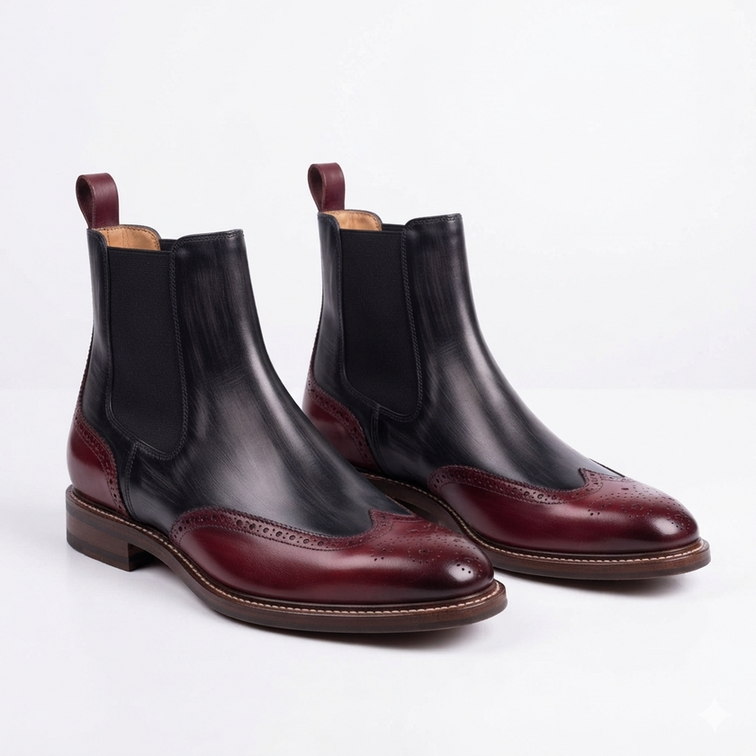 The Rosso Handcrafted Leather Black & Burgundy Chelsea Brogue Boots for Men