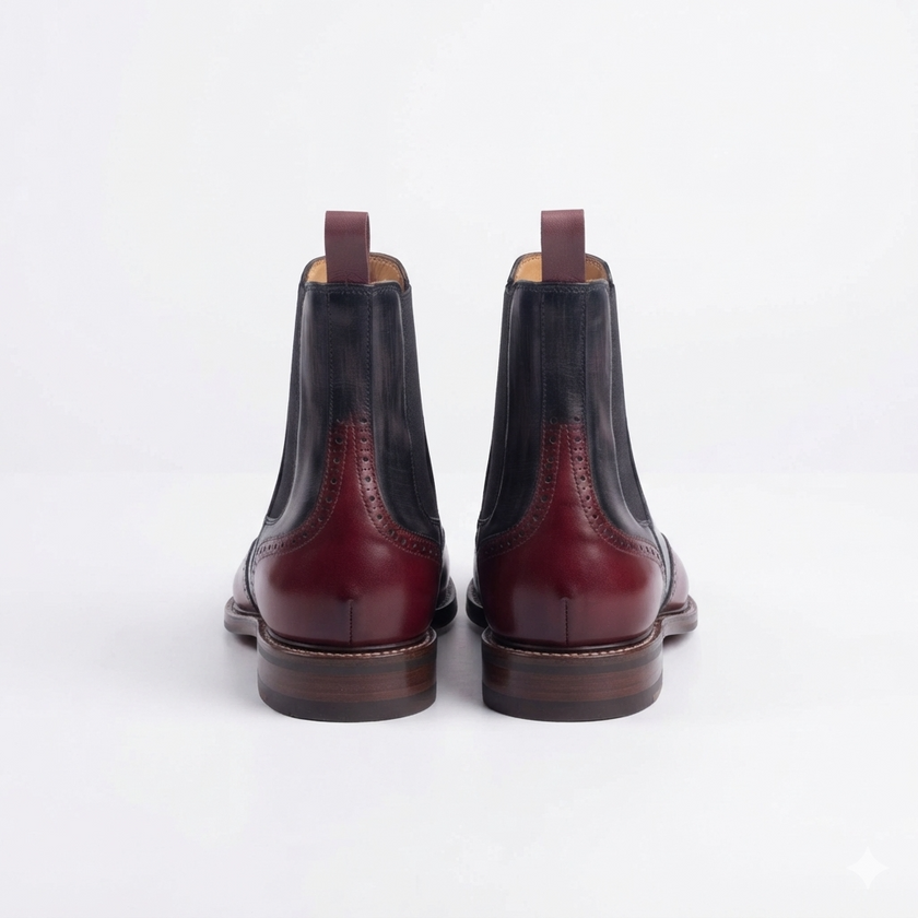 The Rosso Handcrafted Leather Black & Burgundy Chelsea Brogue Boots for Men