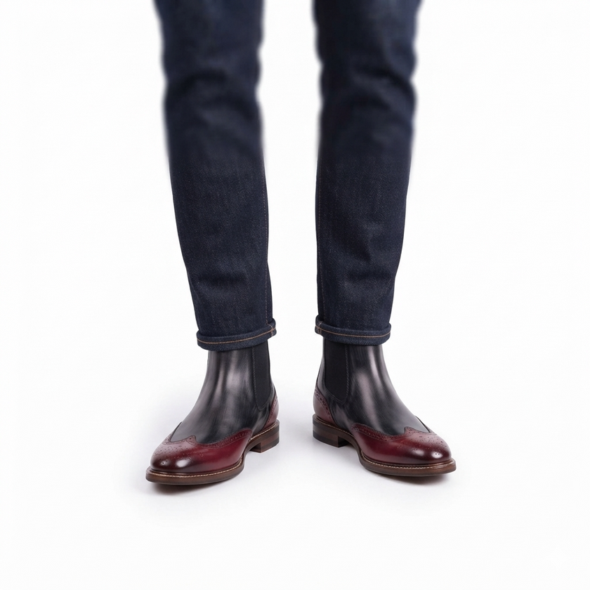The Rosso Handcrafted Leather Black & Burgundy Chelsea Brogue Boots for Men