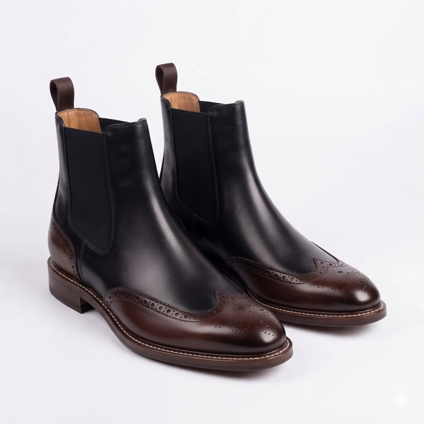 The Rosso Handcrafted Two-Tone Leather Brogue Chelsea Boots in Black & Brown for Men