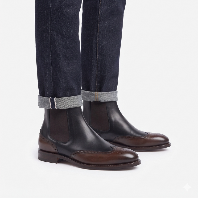 The Rosso Handcrafted Two-Tone Leather Brogue Chelsea Boots in Black & Brown for Men
