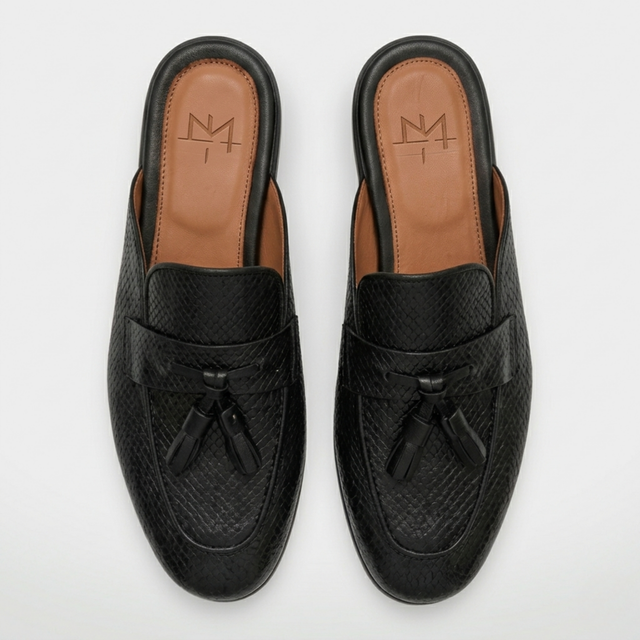 The Apulia Slip Ons - Handcrafted Black Tassel Leather Mules for Men