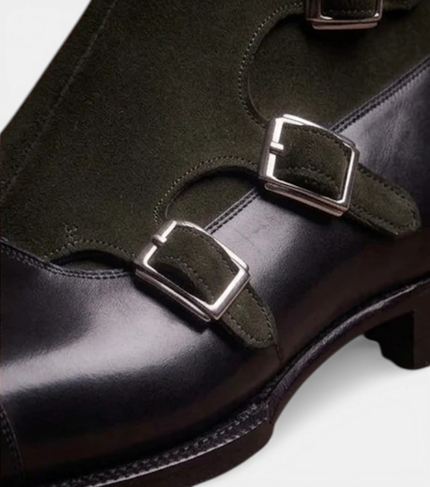 The Rome Triple Monk Straps - Handcrafted Black Calfskin & Forest Green Suede leather Triple Straps for men