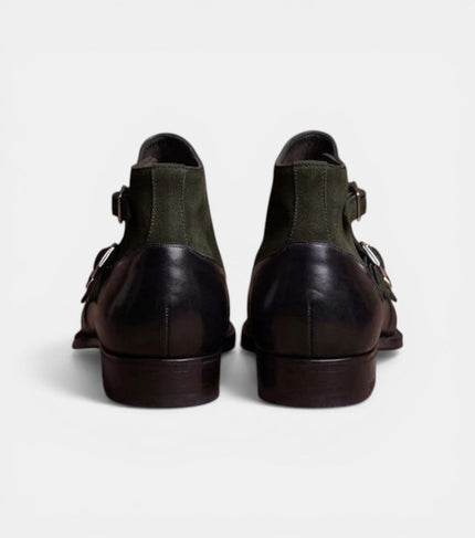 The Rome Triple Monk Straps - Handcrafted Black Calfskin & Forest Green Suede leather Triple Straps for men