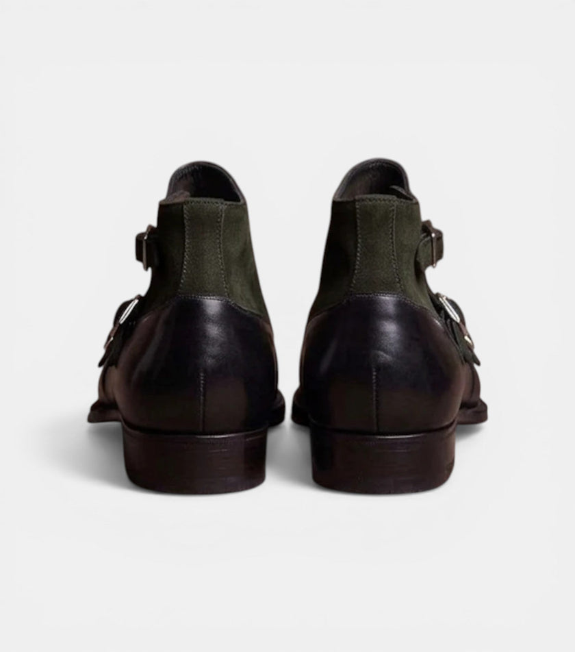 The Rome Triple Monk Straps - Handcrafted Black Calfskin & Forest Green Suede leather Triple Straps for men