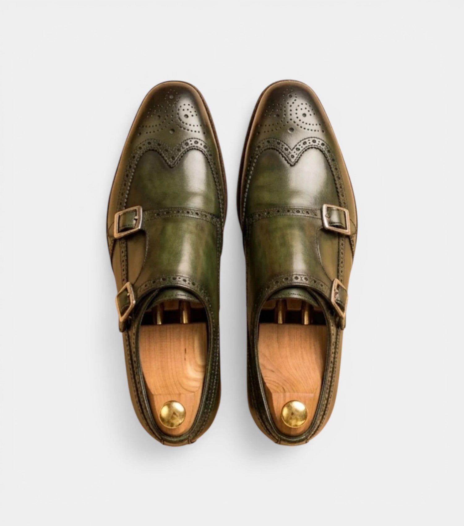 The Lucca Double Monk Straps - Handcrafted Forest Green Leather Double Monk Straps with Wingtip Brogue Detail for Men