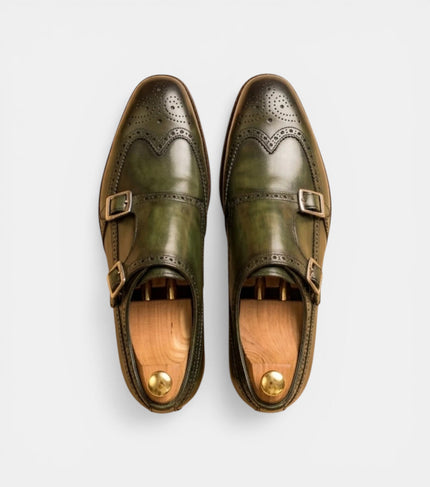 The Lucca Double Monk Straps - Handcrafted Forest Green Leather Double Monk Straps with Wingtip Brogue Detail for Men