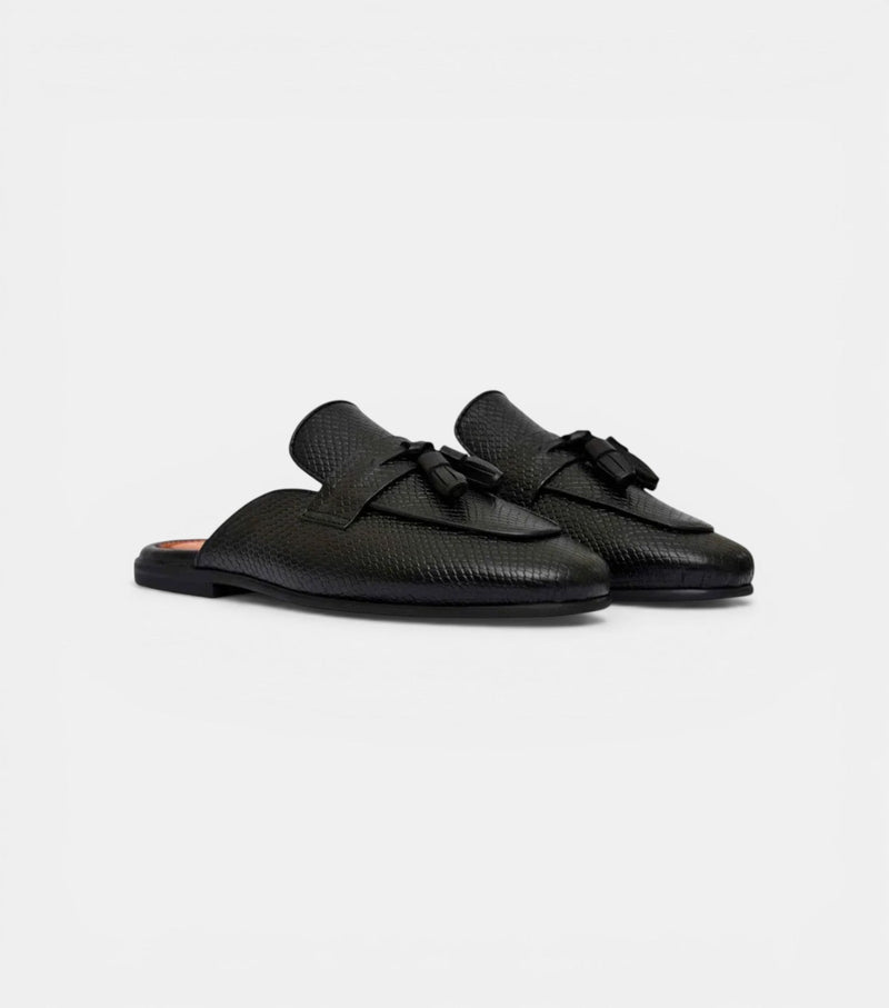 The Apulia Slip Ons - Handcrafted Black Tassel Leather Mules for Men - MORDA MILANO