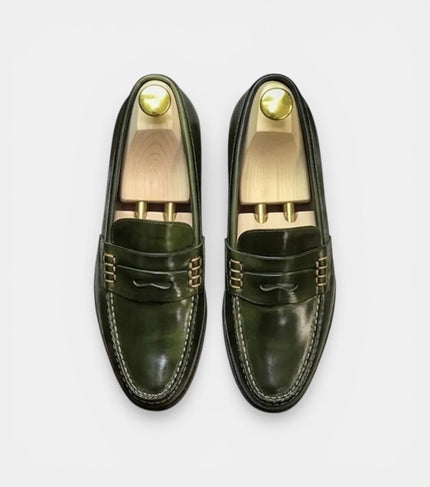The Molfetta Loafers - Handcrafted Olive Green Glossy Leather Loafers for Men