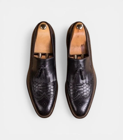 The Crotone Loafers - Black Textured Leather Tassel Loafers for Men