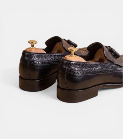 The Crotone Loafers - Black Textured Leather Tassel Loafers for Men
