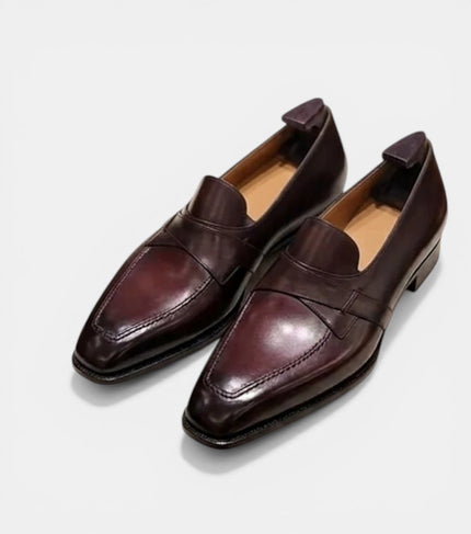 The Gela Loafers - Handcrafted Dark Wine Leather Cross-Strap Loafers for Men
