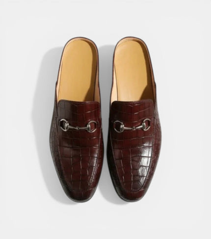 The Bari Slip Ons - Handcrafted Brown Crocodile Textured leather Horsebit Mules for men