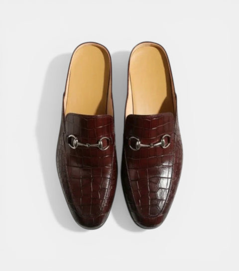 The Bari Slip Ons - Handcrafted Brown Crocodile Textured leather Horsebit Mules for men