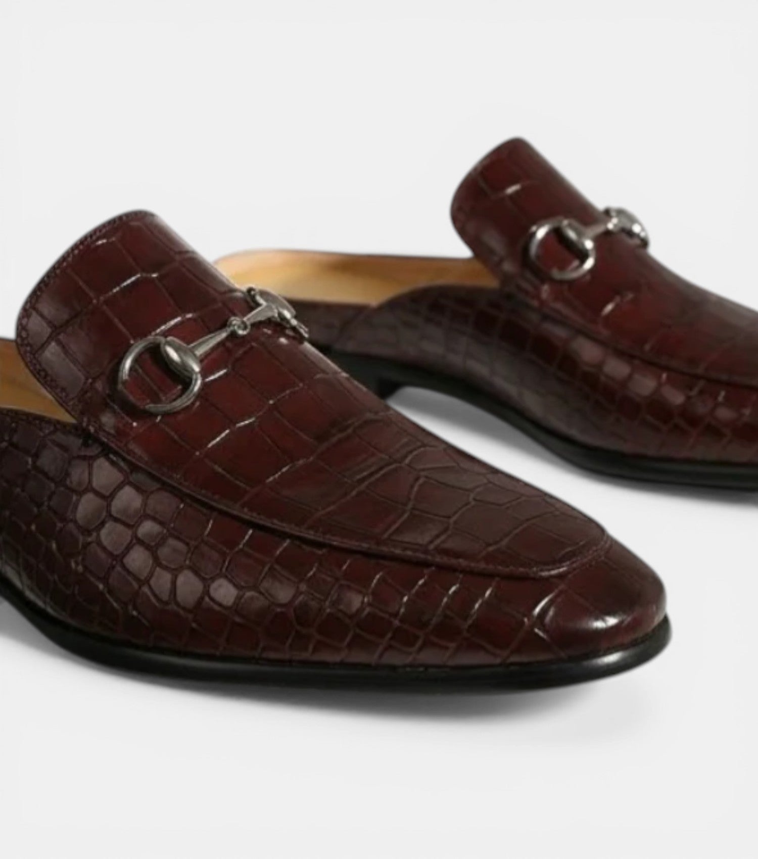 The Bari Slip Ons - Handcrafted Brown Crocodile Textured leather Horsebit Mules for men