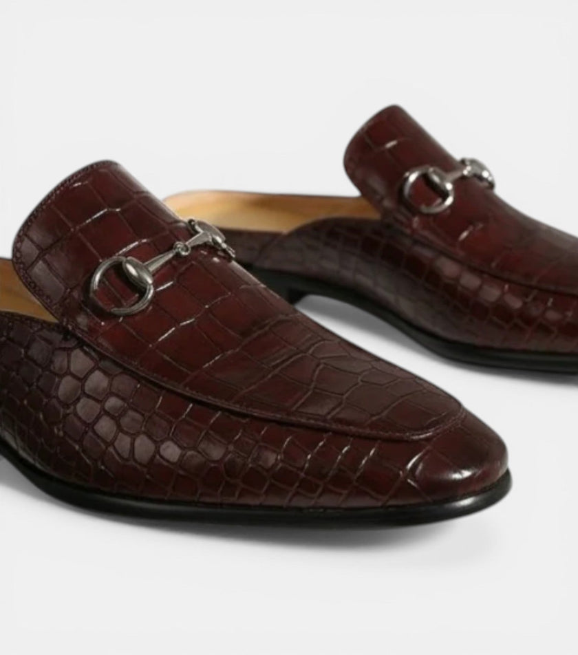 The Bari Slip Ons - Handcrafted Brown Crocodile Textured leather Horsebit Mules for men
