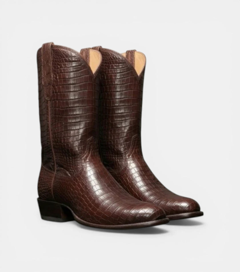 The Caserta Cow boy Boots - Handcrafted Brown Crocodile Leather Western Boots for Men