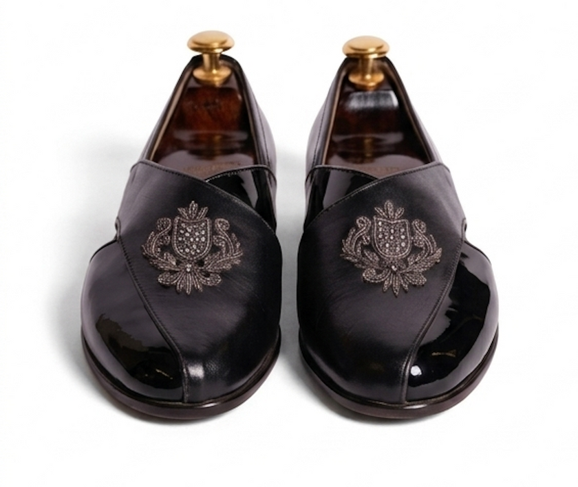 The Modena Peshawri -Black embroidered Leather Peshawris for men