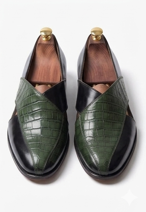 The Padua Peshawri - Black and green woven leather peshawris for men
