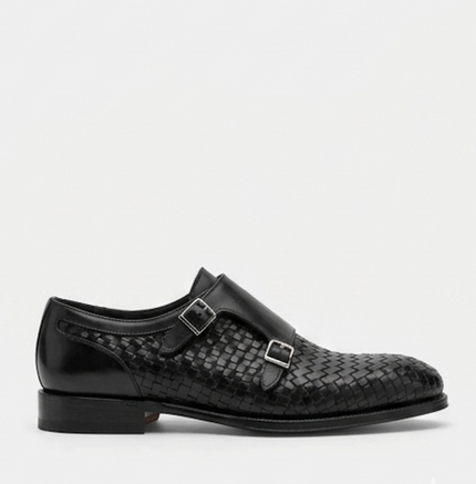 The Bari Double Monk Straps - Handcrafted Brown Woven Leather Double Monk Strap Shoes with silver buckles for men