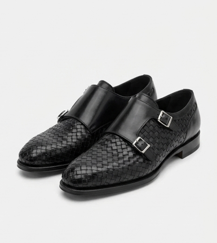 The Bari Double Monk Straps - Handcrafted Brown Woven Leather Double Monk Strap Shoes with silver buckles for men