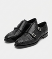 The Bari Double Monk Straps - Handcrafted Brown Woven Leather Double Monk Strap Shoes with silver buckles for men