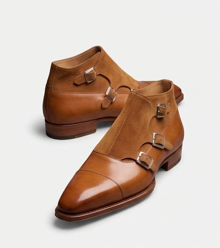 The Rome Triple Monk Straps - Handcrafted Black Calfskin & Forest Green Suede leather Triple Straps for men