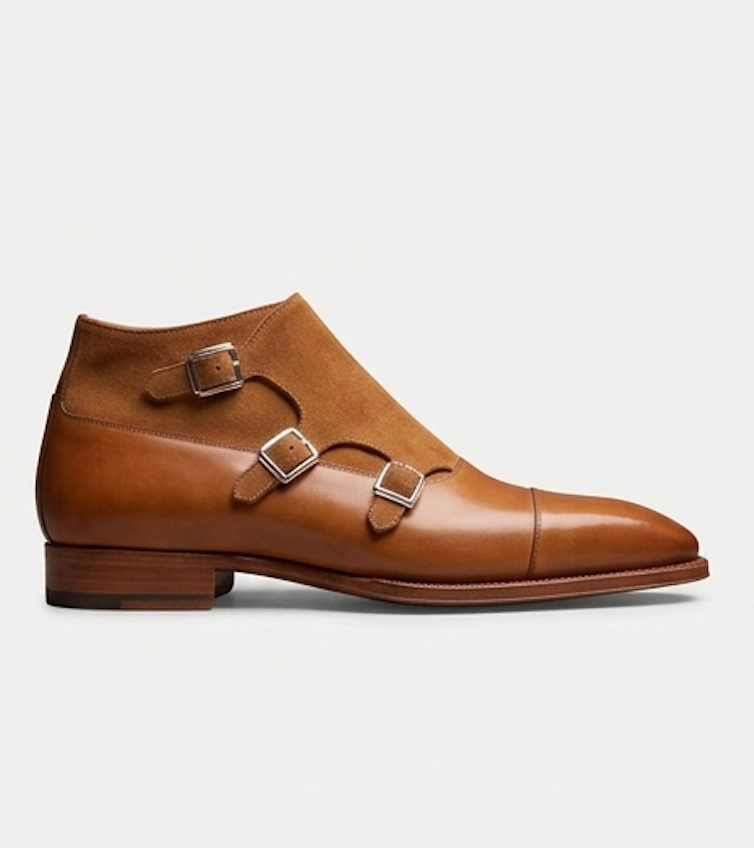 The Rome Triple Monk Straps - Handcrafted Black Calfskin & Forest Green Suede leather Triple Straps for men