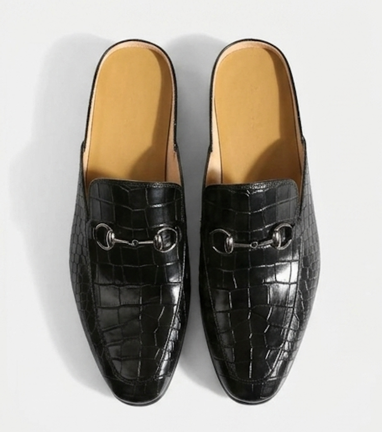 The Bari Slip Ons - Handcrafted Brown Crocodile Textured leather Horsebit Mules for men