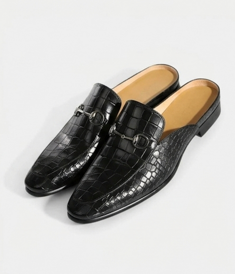 The Bari Slip Ons - Handcrafted Brown Crocodile Textured leather Horsebit Mules for men