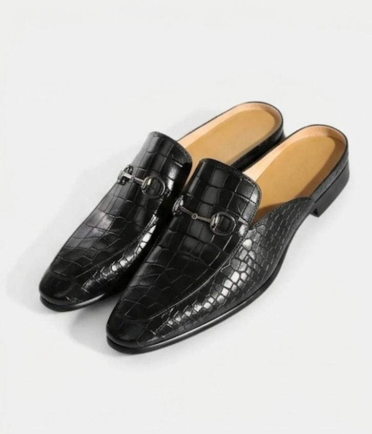 The Bari Slip Ons - Handcrafted Brown Crocodile Textured leather Horsebit Mules for men