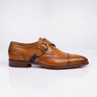 The Castango Brogue Handcrafted Tan Brown Cap Toe Blue Accent Monk Strap Shoes for Men