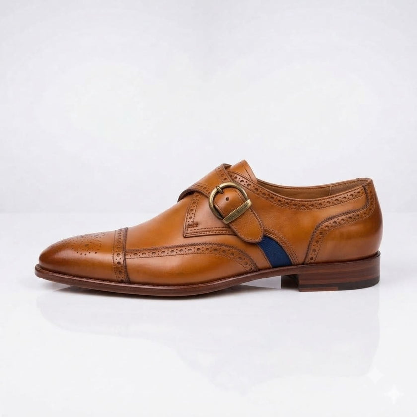 The Castango Brogue Handcrafted Tan Brown Cap Toe Blue Accent Monk Strap Shoes for Men