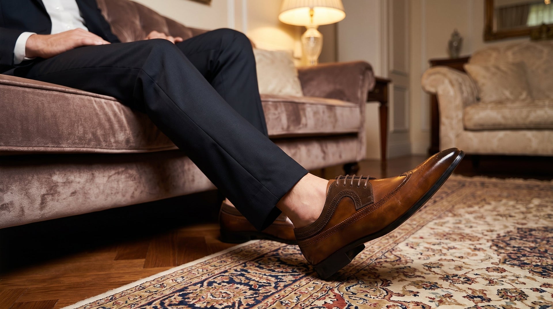 Person wearing brown shoes and dark pants sitting on a couch in a living room.