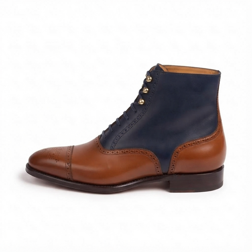 The Vetara Handcrafted Two-Tone Navy & Cognac Leather Brogue Lace-Up Boots for Men
