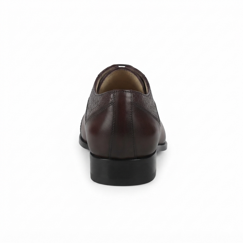 The Windsor Royale Leather Cap Toe Oxfords with Crocodile Embossed Quarters, Sleek Almond Toe and Hand Finished Deep Brown Patina for Men