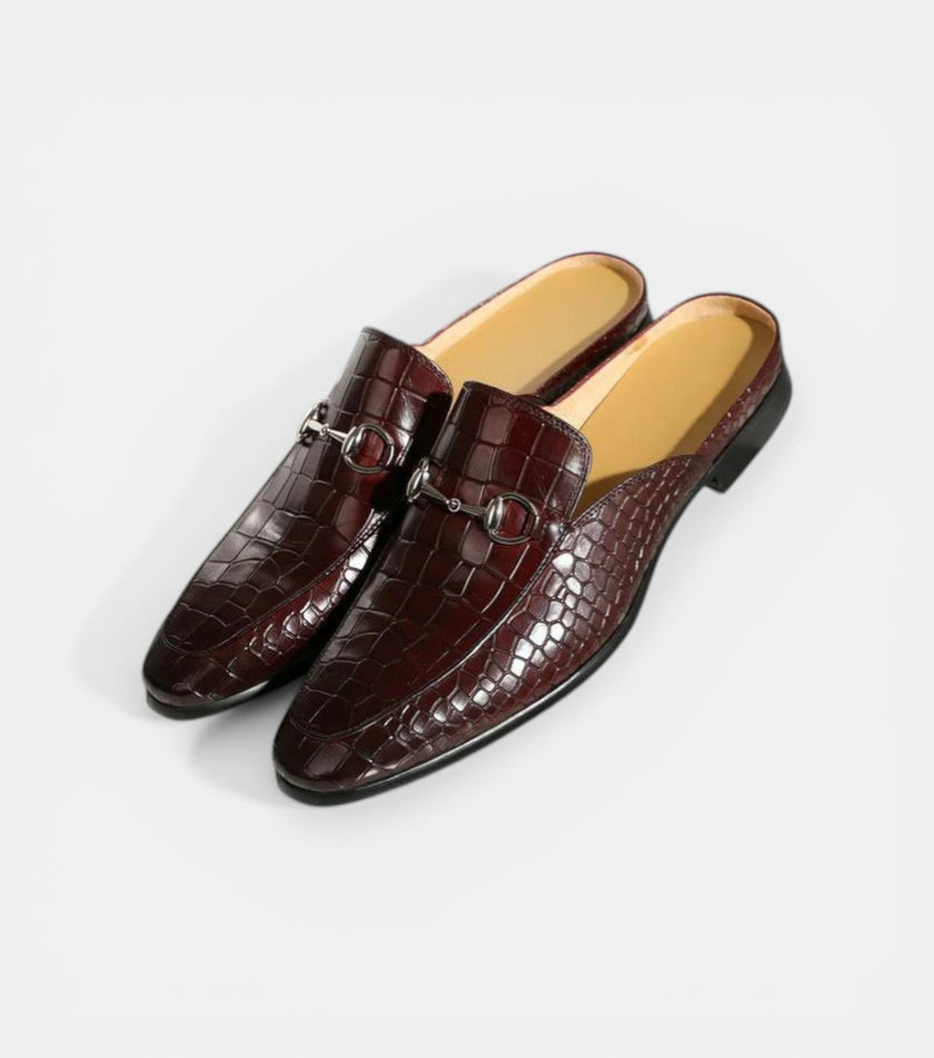 The Bari Slip Ons - Handcrafted Brown Crocodile Textured leather Horsebit Mules for men