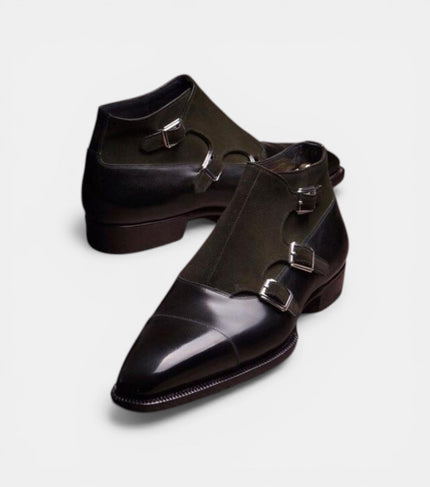The Rome Triple Monk Straps - Handcrafted Black Calfskin & Forest Green Suede leather Triple Straps for men