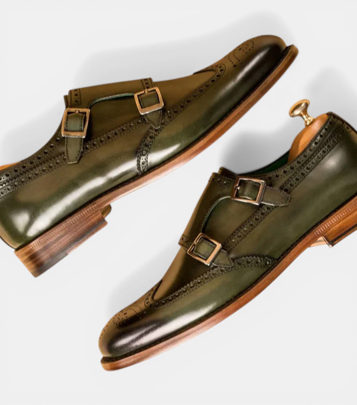 The Lucca Double Monk Straps - Handcrafted Forest Green Leather Double Monk Straps with Wingtip Brogue Detail for Men