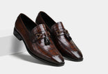 The Valenza Croco Embossed Brown Leather Loafers with Intricate Woven Vamp Detailing and Elegant Gold Buckle Accents for Men
