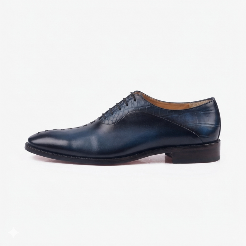 The Oxford Royale Midnight Navy Leather Dress Shoes with Textured Embossed Lace Panels, Handcrafted Cross Stitch Detailing and Refined Executive Styling for Men