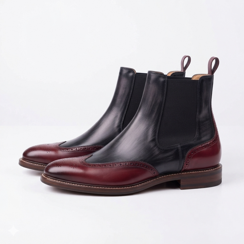 The Rosso Handcrafted Leather Black & Burgundy Chelsea Brogue Boots for Men