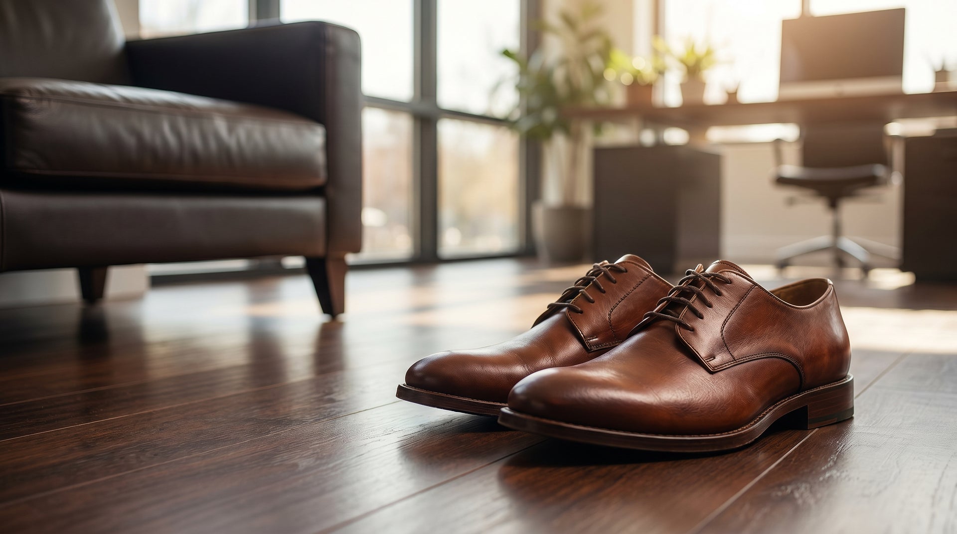 Brown leather shoes on a wooden floor with a blurred background of a living room.