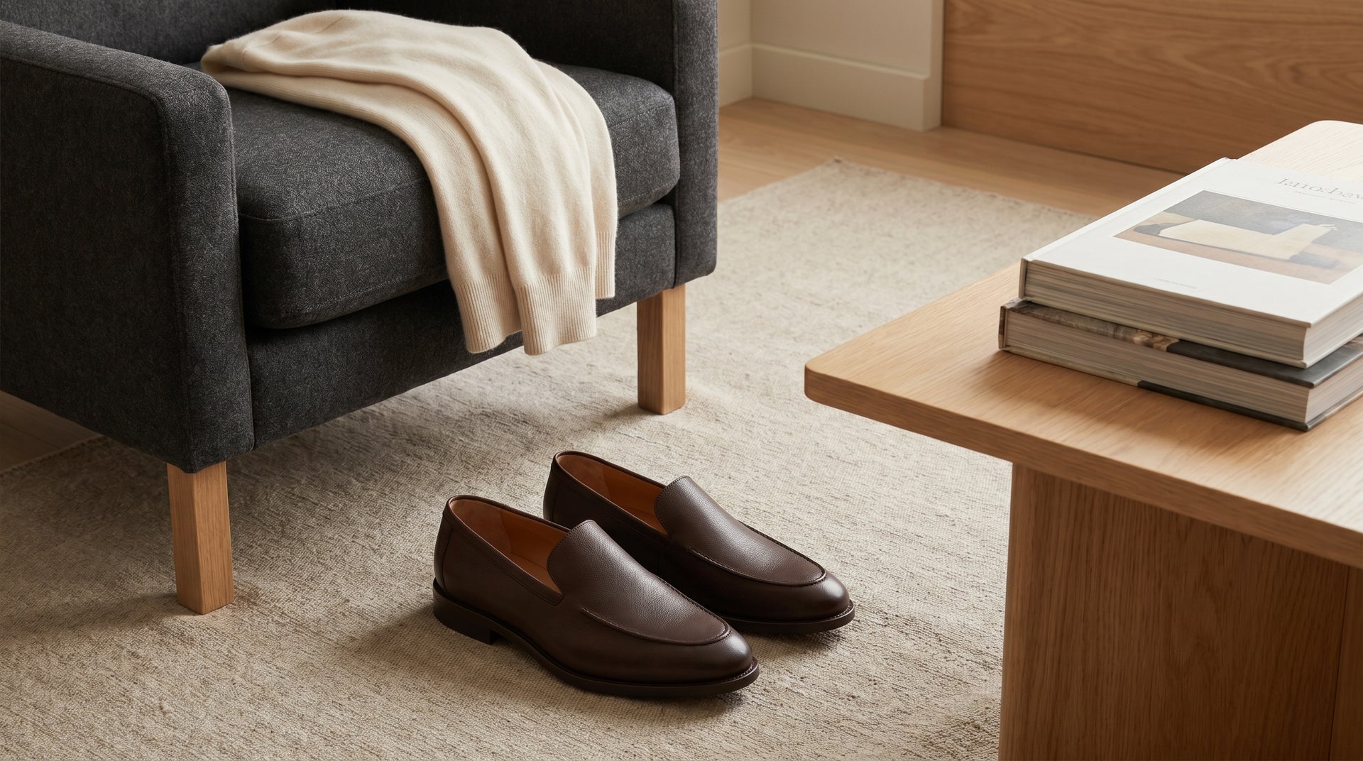 Brown loafers on a carpeted floor next to a gray armchair and wooden table with books.