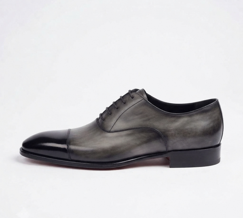 The Monaco Sleek Grey & Black Leather Cap-Toe Oxford Shoes for Men
