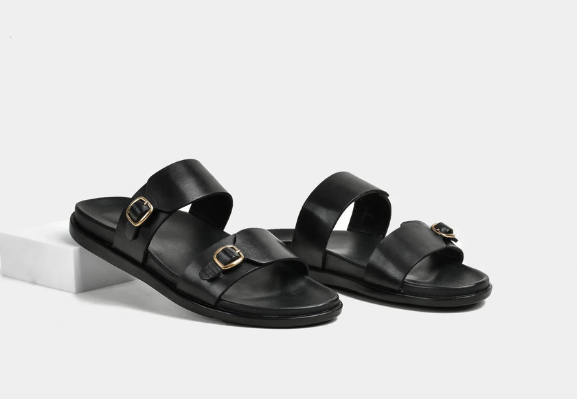 The Milano Nero Handcrafted Black Leather Double Strap Sandals for Men