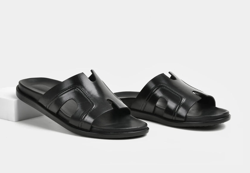 The Milano Nero Handcrafted Black Leather Cutout Slide Sandals for Men