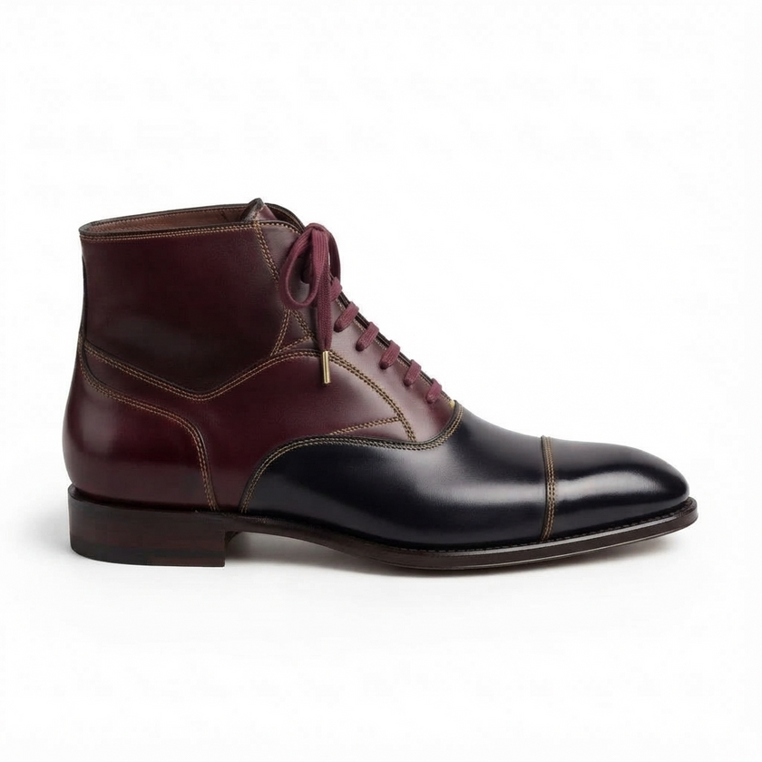 The Vetara Handcrafted Two-Tone Burgundy & Black Leather Cap-Toe Lace-Up Boots for Men