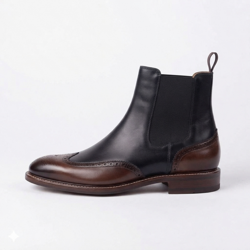 The Rosso Handcrafted Two-Tone Leather Brogue Chelsea Boots in Black & Brown for Men